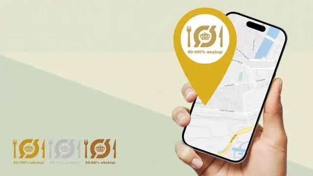 Hånd med mobiltelefon og Det Økologiske Spisemærke logo